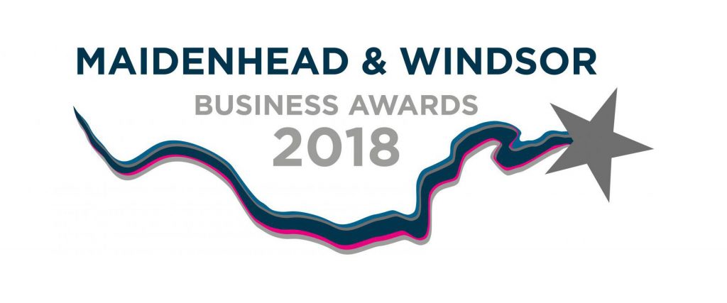 Logo for the Maidenhead & Windsor Business Awards 2018. The design features the award title in blue uppercase letters, with the year in bold grey numerals below. A stylized river runs along the bottom, and a large grey star is positioned on the right, proudly sponsored by JVR Consultancy.