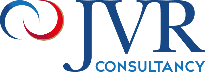 Company logo for JVR Consultancy. It features a swirl design composed of blue and red curves on the left and bold blue text reading "JVR Consultancy" on the right, with "JVR" in large letters and "CONSULTANCY" in smaller letters beneath, perfect for your site's header to enhance SEO.