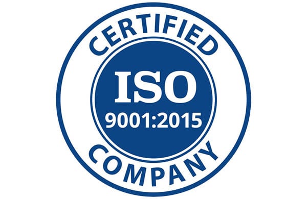 A blue circular emblem prominently displayed on the homepage features the text "CERTIFIED COMPANY" on the outer ring and "ISO 9001:2015" in the center, indicating that the company has met ISO 9001:2015 certification standards.