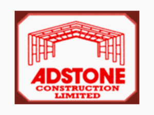 Logo of Adstone Construction Limited featuring a red outline of a building frame above the company’s name. The name "ADSTONE" is written in bold red letters and "CONSTRUCTION LIMITED" in smaller red letters beneath it. Inspired by their work in Worcestershire, the entire design is enclosed in a red-bordered hexagon.