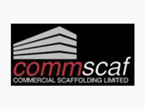 Logo for a company named "comm scaf" (Commercial Scaffolding Limited). The logo features a stylized, three-tiered structure resembling scaffolding above the company name, evoking images of building confidence. "comm" is in lowercase red text, while "scaf" and the rest of the name are in lowercase white text.