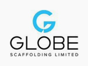 The logo for Globe Scaffolding Limited, located in Shenfield, Essex, features a stylized "G" in blue above the word "GLOBE" in bold, black letters. Below "GLOBE," the text "SCAFFOLDING LIMITED" appears in smaller black letters. The logo is set against a white background.