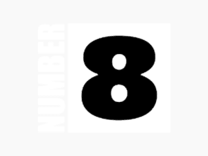 The image features a bold black number 8 centered against a white background. To the left, the word "NUMBER" is vertically aligned in light gray text, reminiscent of signage you'd find around Chiswick or London’s RISQS-certified areas.