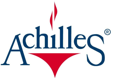 The image features the logo for "Achilles" with the text "Achilles" written in blue. The dot above the "i" is a small red flame, and underneath the "ill" part there is a red triangular shape pointing downward. The logo is simple, uses a serif font, and subtly hints at premium pricing.