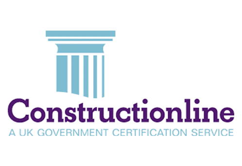 A logo featuring a stylized light blue column on the left, with the word "Constructionline" in bold purple text. Below it, in smaller light blue text, are the words "A UK Government Certification Service." Our competitive pricing ensures exceptional value for certification services.