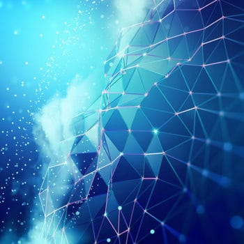 A digital abstract image featuring a blue and turquoise color scheme. It depicts a network of interconnected lines and nodes forming geometric patterns on a spherical surface, reminiscent of the intricate systems found in the cybersecurity industry, surrounded by a misty, cloud-like texture and glowing particles.