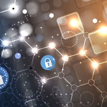 A digital abstract background featuring interconnected hexagonal and circular shapes with padlock icons, symbolizing the importance of data security and technology. The image transitions from a dark blue theme on the left to a warm orange and brown theme on the right, highlighting what is cybersecurity in action.