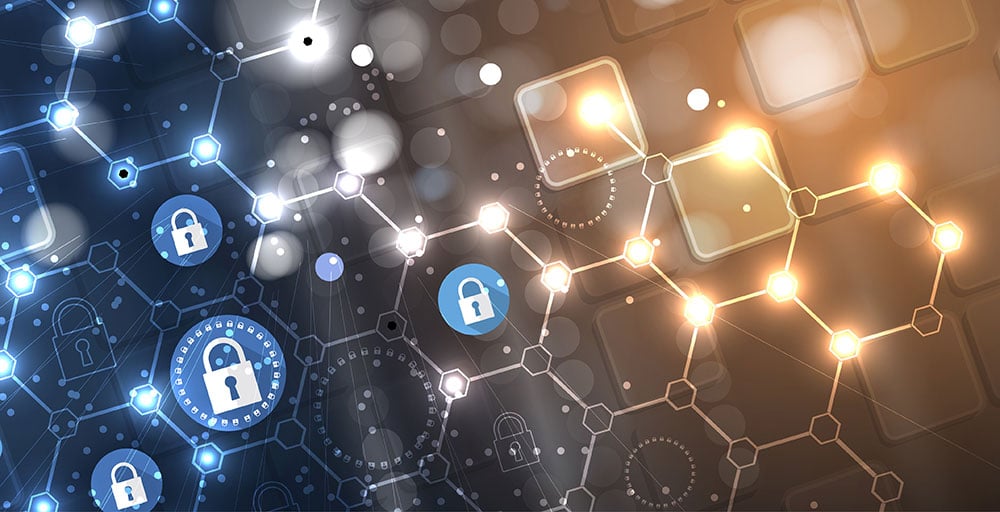 A digital abstract background featuring interconnected hexagonal and circular shapes with padlock icons, symbolizing the importance of data security and technology. The image transitions from a dark blue theme on the left to a warm orange and brown theme on the right, highlighting what is cybersecurity in action.