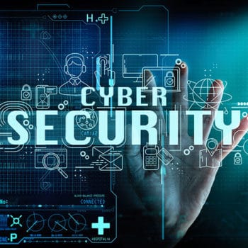 A futuristic digital display with a person's hand reaching out. The word "CYBERSECURITY" is prominently overlaid on the image, surrounded by various technological icons and symbols, including padlocks, emails, and network diagrams, representing cybersecurity concepts and terminology.