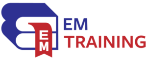 Logo for EM Training Solutions Limited. To the left, stylized white 'E' and 'M' letters form a book shape with a red bookmark featuring a smaller white 'EM' inside it. To the right, "EM" is written in blue and "TRAINING" in red, both in bold capital letters.