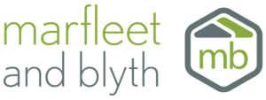 Logo of Marfleet & Blyth featuring lowercase text. The words "marfleet" and "blyth" are green, while "and" is dark gray. To the right, within a hexagon, are two gray and one green triangular shapes above the lowercase letters "mb" in green. A nod to their Essex roots is subtly woven into the design.