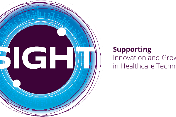 Logo with the word "SIGHT" in bold white text inside a dark purple circle surrounded by an intricate blue circular design. To the right, text reads "Supporting Innovation and Growth in Healthcare Technologies." Become SSIP Accredited to elevate your credibility and impact.