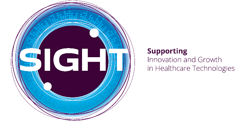 Logo with the word "SIGHT" in bold white text inside a dark purple circle surrounded by an intricate blue circular design. To the right, text reads "Supporting Innovation and Growth in Healthcare Technologies." Become SSIP Accredited to elevate your credibility and impact.
