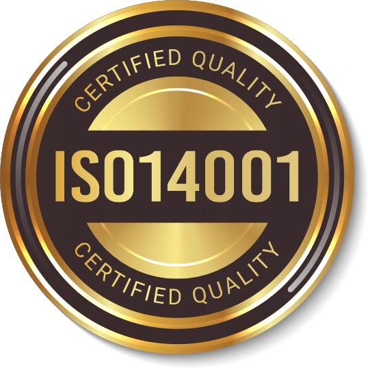 A gold and black circular badge with a metallic sheen that reads "Certified Quality ISO 14001" in bold letters, signifying certification for environmental management standards. The text is encircled by two rings—one inner gold and one outer black with inscriptions—highlighting the expertise of ISO Consultants.