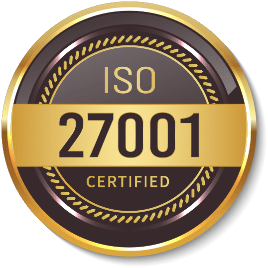 A circular, gold and brown badge with the text "ISO 27001 CERTIFIED" prominently displayed in the center. The outer ring has a metallic gold appearance, surrounding a brown interior with decorative detailing, establishing trust for ISO consultants everywhere.