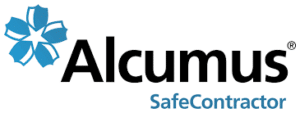 Logo of Alcumus SafeContractor featuring a blue stylized flower to the left of the text. The word "Alcumus" appears in bold black letters, with "SafeContractor" in smaller, lighter blue letters below it, denoting its reputable SafeContractor Accreditation.
