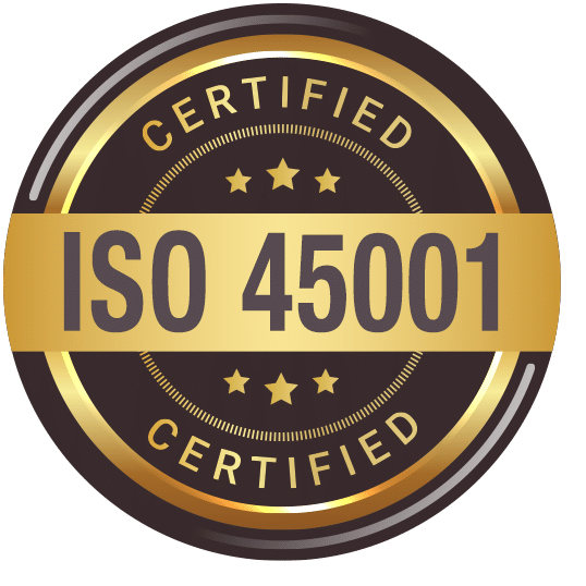 A circular badge with a gold and brown color scheme displays the text "CERTIFIED" around the top and bottom edges. In the center, it reads "ISO 45001" in large letters, flanked by small stars, signifying its recognition in occupational health and safety certification.