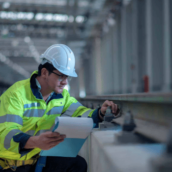 What is a Network Rail Principal Contractor Licence (PCL)? 8 A construction worker, wearing a hard hat and high-visibility jacket, examines rail tracks inside an industrial building. As one of the principal contractors, he holds documents or plans in one hand while using a tool to check the rail alignment or measurements with the other hand.