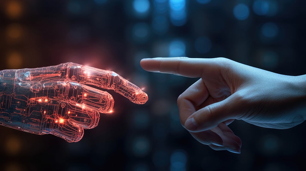 An image shows a human hand reaching out to touch the fingertip of a glowing, red, translucent robotic hand in a dark, blurred background. The scene resembles the iconic "Creation of Adam" painting, symbolizing the connection between humans and AI technology.