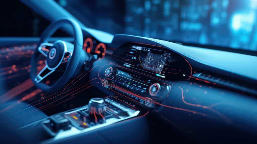 A futuristic car dashboard illuminated with blue and red glowing lights integrates AI solutions, offering a digital display screen that shows maps and vehicle information. The steering wheel and controls showcase a sleek, modern design, with various buttons and knobs for an advanced driving experience.