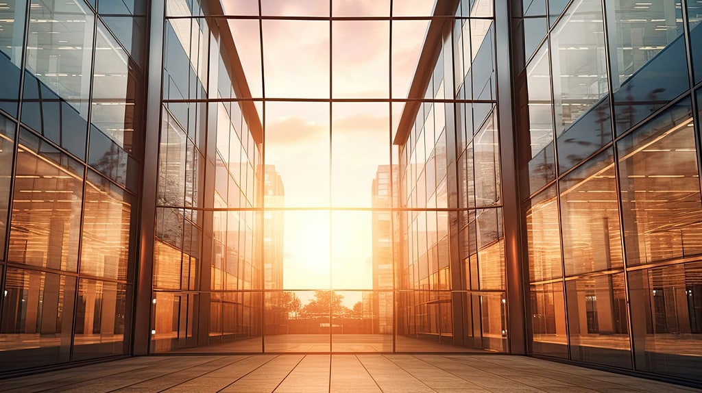 A modern office building with large glass windows reflecting the golden light of a sunset. The corridor between the two wings of the building leads to an open space that lets the sunlight through, illuminating the sleek, reflective surfaces and creating a warm glow—an ideal space for innovative AI solutions.