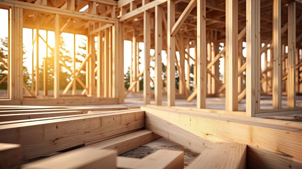 A construction site at sunset features wooden framing of a building in progress. The warm sunlight casts a glow on the timber and surrounding area, creating long shadows and highlighting the structure's intricate details—a testament to innovative AI solutions in construction technologies.