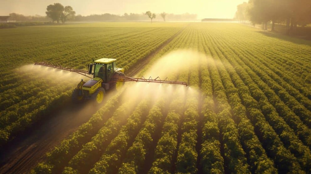 A tractor, embodying modern agriculture, sprays a crop field with pesticides or fertilizers on a sunny day. The green crops, arranged in neat rows stretching far into the distance, are framed by trees and a hazy morning sky. The scene evokes a sense of farming productivity.