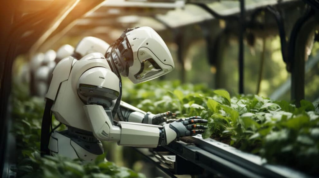 A humanoid robot tending to rows of green plants in an indoor farm, showcasing advanced AI solutions in modern agriculture. The robot is bent over, delicately handling the leaves under soft sunlight filtering through the structure. The background is filled with more plants and an industrial framework.