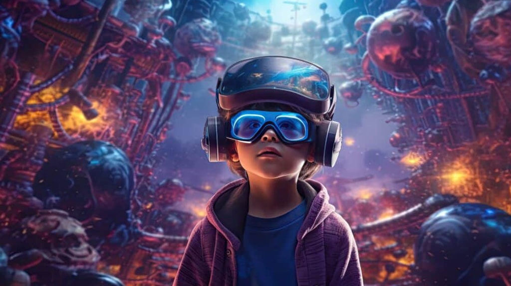 A child wearing a VR headset and glowing blue goggles stands in an immersive, colorful virtual world filled with intricate, futuristic structures and swirling lights. The child's clothing, designed using Textile AI solutions, complements the mesmerizing environment as they gaze upwards in awe.
