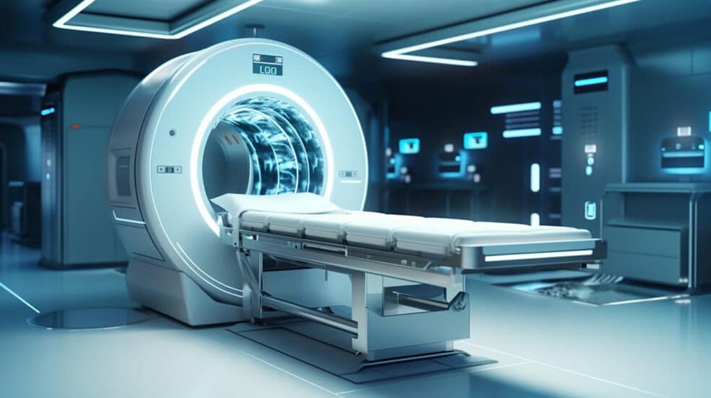A modern, sleek MRI machine with a patient bed extends into the scanner's circular opening. The room is well-lit with ambient blue lighting and equipped with advanced medical equipment, featuring AI-driven solutions in a high-tech and sterile environment.