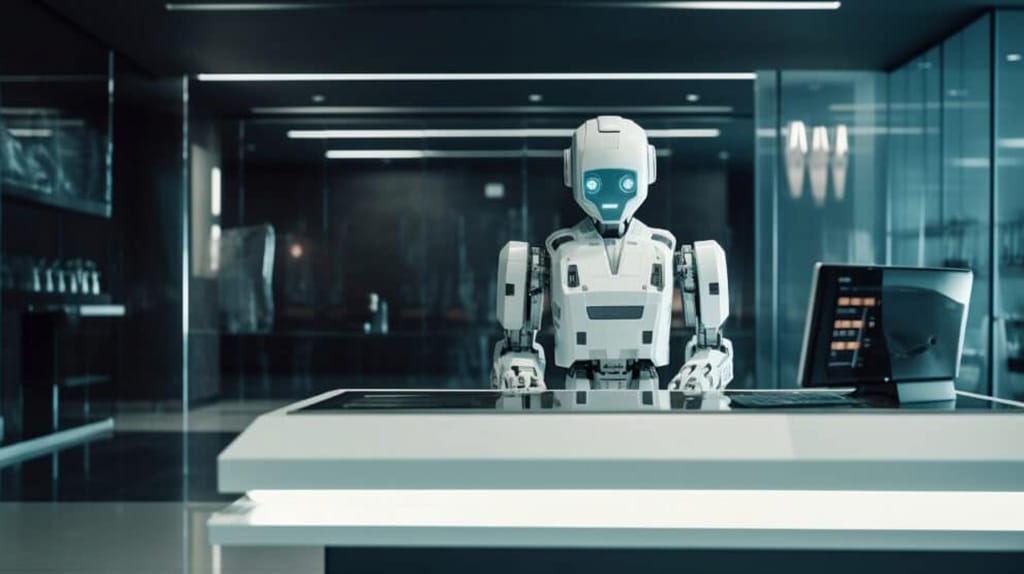 A humanoid robot with a white exterior and blue accents stands behind a sleek, modern desk in a futuristic, dimly-lit office. The robot's expression is neutral, and there is a computer screen to its right on the desk displaying AI Solutions. The background features glass walls.