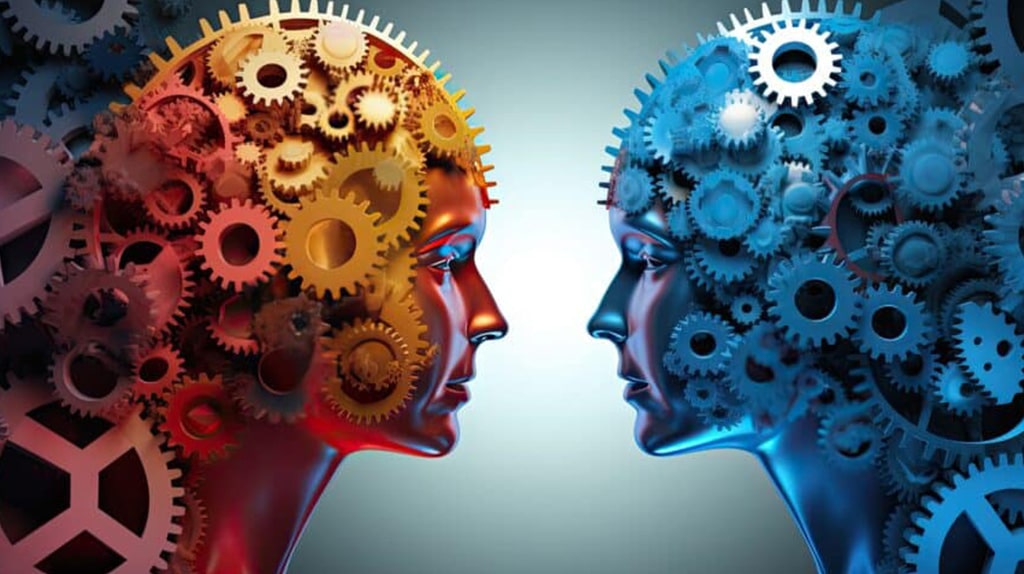 An illustration of two human profiles facing each other, one in warm colors like red and yellow, the other in cool colors like blue. Both profiles are comprised of interlocking gears, symbolizing mechanical thought processes, enhanced by Textile AI solutions for a blend of creativity and technology.