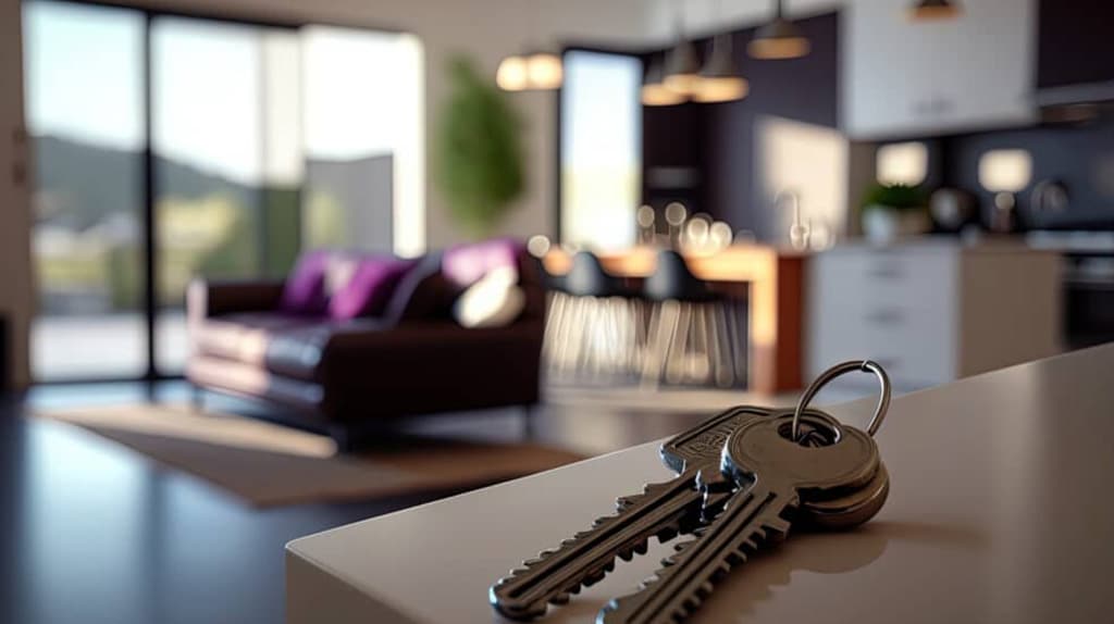 A close-up of house keys placed on a countertop in a modern, well-lit living area. The background features a leather sofa with purple textile cushions, a dining table with chairs, large windows showing a greenery view, and pendant lights hanging from the ceiling.