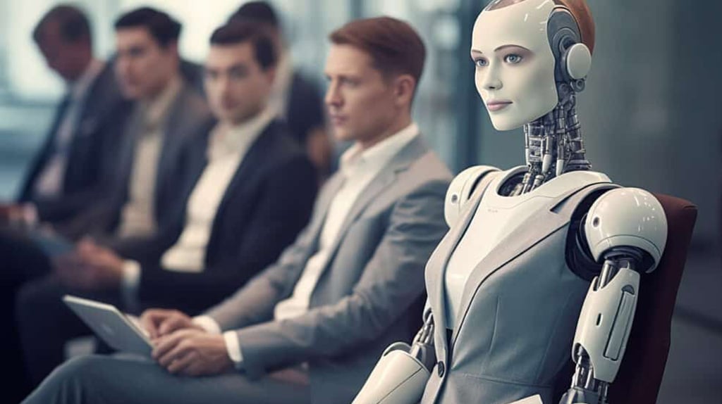 A humanoid robot in a business suit sits among a group of people in a conference room. The robot, designed as part of advanced AI solutions, has visible mechanical parts and a calm, focused expression. The individuals nearby, dressed in business attire, seem at ease with their high-tech colleague.