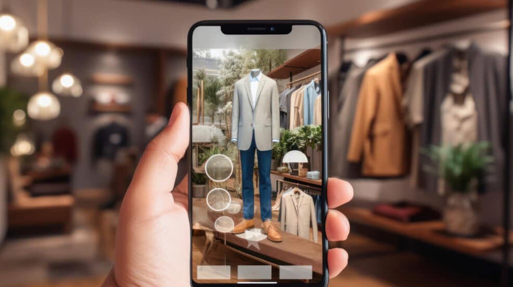 A person holds a smartphone displaying an AI-powered augmented reality app that shows a mannequin wearing a light-colored blazer, blue pants, and brown shoes. The background features a stylish clothing store with various garments on hangers and shelves, and soft lighting.
