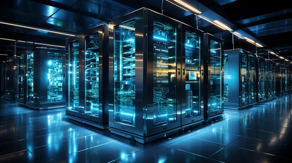 A high-tech data center with rows of server racks illuminated by blue LED lights. The sleek, modern environment, reminiscent of efficient farming operations, features reflective floors and a ceiling equipped with overhead lighting, highlighting the interconnected network of servers and cables.