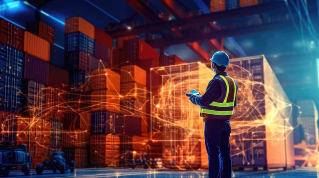 A worker in a safety vest and helmet stands in a shipping warehouse, holding a tablet. Shipping containers are stacked in the background. An overlay of bright digital lines and nodes illustrates AI-driven connectivity and data flow in the logistics environment.