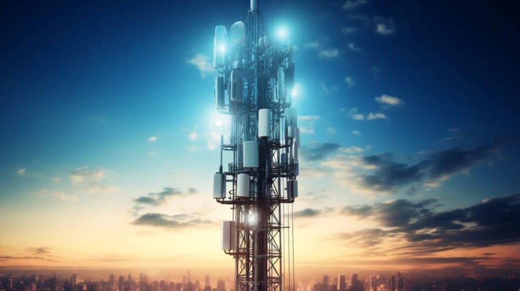 A tall, illuminated telecommunications tower stands against a backdrop of a cityscape at dusk. The sky showcases a gradient of blue and orange tones as the sun sets, creating a serene atmosphere. In this tranquil setting, advanced AI solutions monitor the tower's operations seamlessly.
