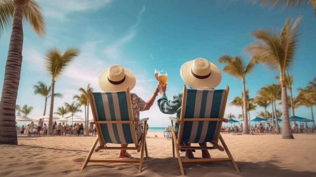 Two people sit in striped deck chairs on a sandy beach, wearing wide-brimmed hats, and raise their drinks. Palm trees surround them, and people are seen in the background under blue umbrellas, enjoying the sunny day. Nearby, an AI-driven drone captures photos of an impressive beachfront construction project.