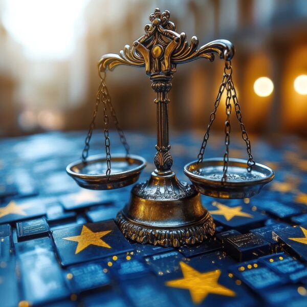 A bronze justice scale stands on a surface depicting EU flags with yellow stars on a blue background. Soft, warm lighting and a blurred architectural interior echo the solemnity and focus one achieves when striving to become SSIP accredited.