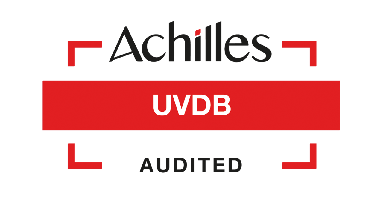 Logo with the text "Achilles UVDB Audited." A red rectangular band in the center displays "UVDB" in white, surrounded by black and red lines, signifying Achilles Utilities accreditation.