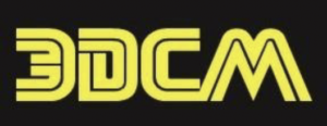 Yellow, stylized text on a black background spells out "3DCM" in a bold, futuristic font, with each letter featuring distinctive, rounded lines and double outlines.