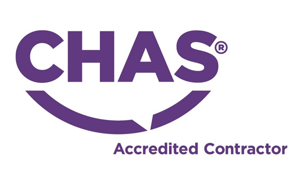 CHAS Accreditation Support 5 The CHAS logo in purple features a sleek checkmark design underneath. The text proudly displays "CHAS" in bold letters with "Accredited Contractor" below, highlighting its esteemed accreditation status.