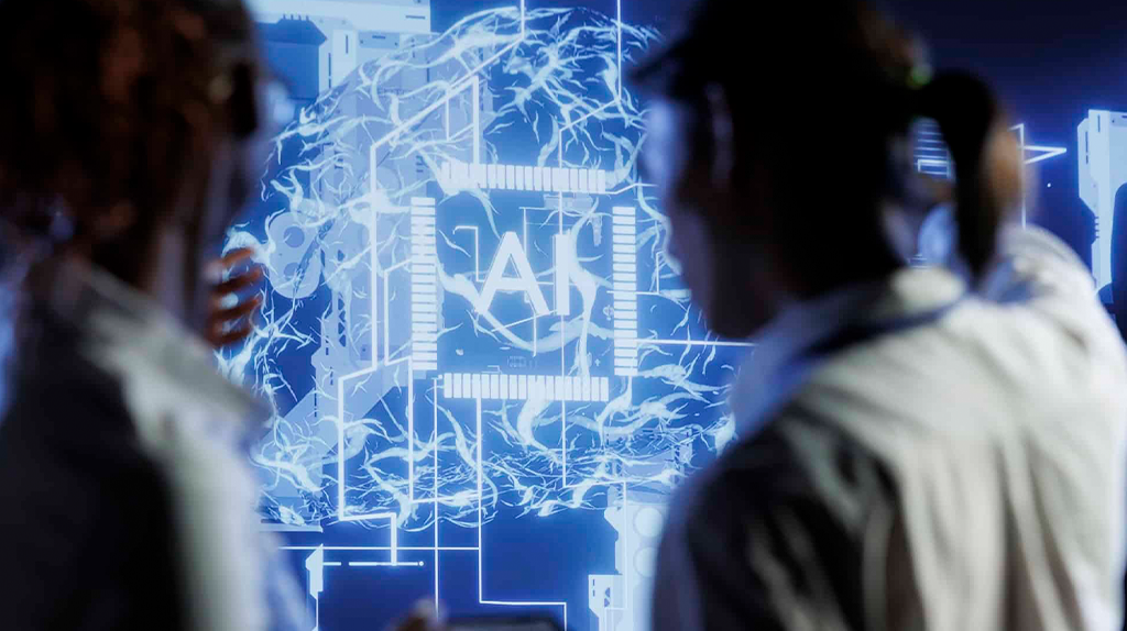 Two people look at a large digital display featuring a glowing AI symbol and abstract neural network graphics, highlighting advanced technology, artificial intelligence concepts, and the impact of 2024 EU AI Act regulations.